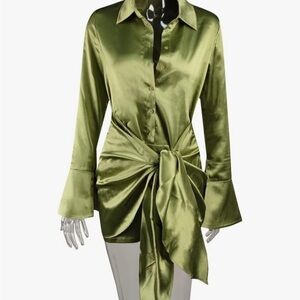 Satin Olive Tie-Front Button-Down Blouse